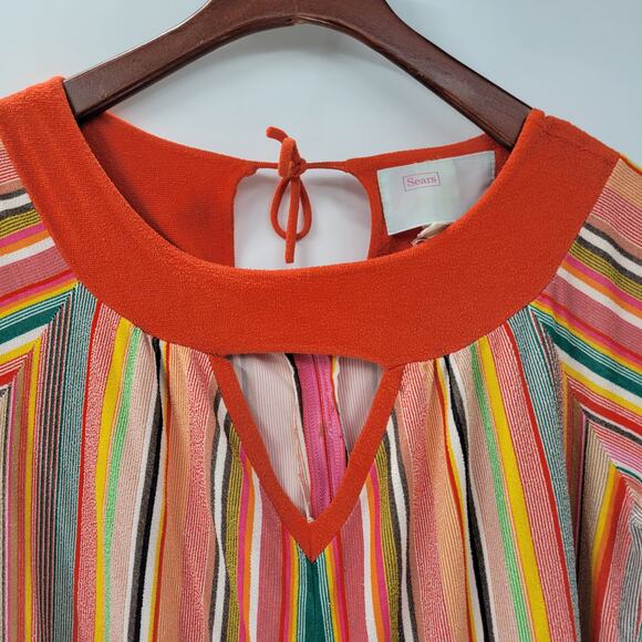 VTG Sears 70s Multicolor Striped House Coat Small Orange Robe Keyhole Back - Picture 4 of 16